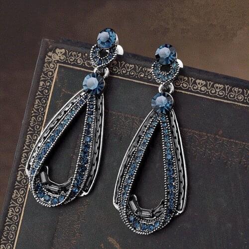 JK Vintage Antique Silver Color with Blue Stone Pear Drop Earring Women Retro Party Ethnic Style Accessories Female Earrings
