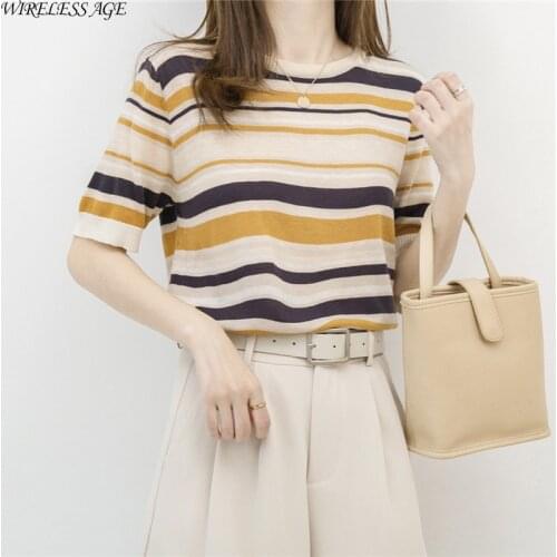 WIRELESS AGE T Shirt Women Short Sleeve Round Neck Knitwear Splicing Loose Pullover Commute Womens Tops Summer Fashion Wild