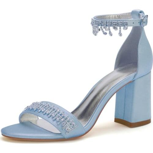 Block Thick Sandals Lady Satin Evening Dress Shoes Crystal trimmed Upper Rhinestones Tassel Ankle Strap Summer Wedding Bridal
