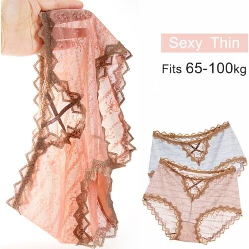 Woman sexy cotton panties large size Ultra-thin Quick dry lace Transparent Mesh plus size underwear womens cotton briefs