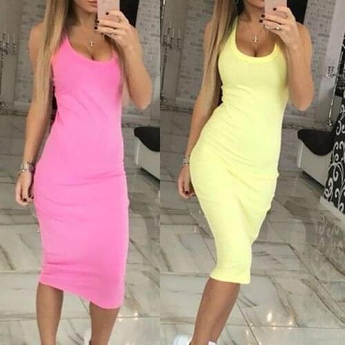 60%HOTSummer Party Sexy Lady Solid Color U Neck Sleeveless SlimS1 FitS1 Bodycon Pencil Dress