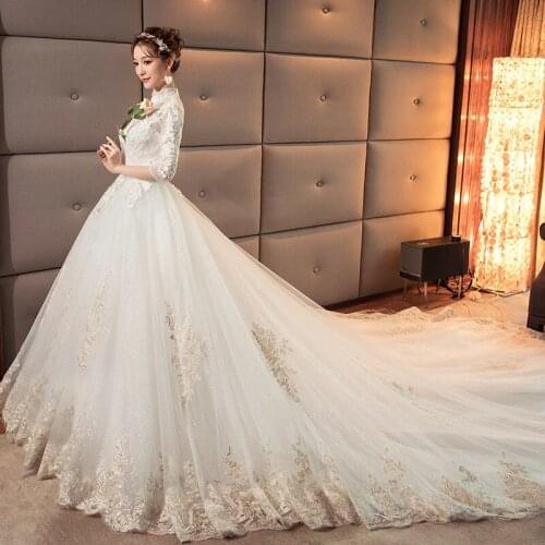 Wedding Dress 2020 New Hepburn Bride Wedding Stand-up Collar Retro Long Tail Female Princess Long Sleeves