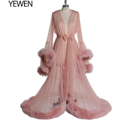 3Layers Long Sleeve Feather Tulle Party Evening Dresses 2020 Sexy Pink Formal Prom Dress Gown Women Plus Size robe de soiree