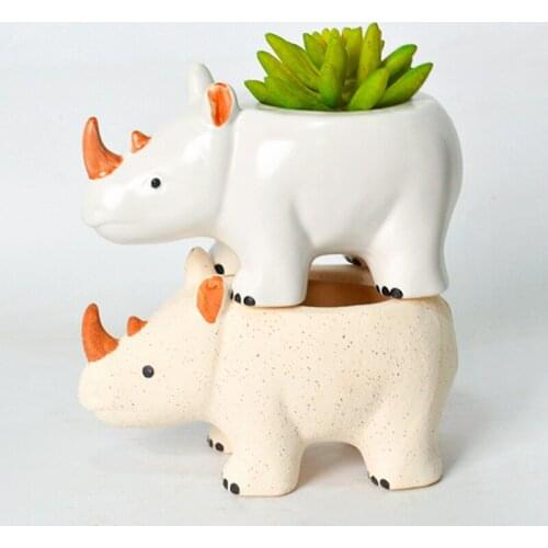 Succulents Flower Pot Ceramic Small Rhino Animal Plant Pot Miniature Garden Cactus Planter Flowerpot Home Bonsai Pots Decoration
