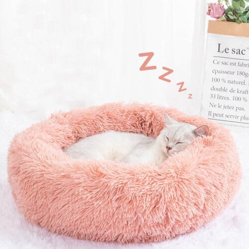 Dropshipping 2021 Hot Selling Soft Comfy Calming Plush Donut Pet Bed Luxury Solid Fluffy Round Dog Bed Farx Fur House for Cats
