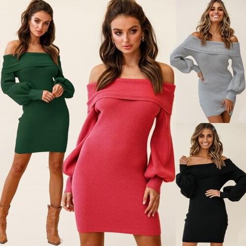 Elegant Puff sleeve Off -shoulder Bodycon Ribbed Knit Dress Women Autumn Fashion Solid Slim Casual Midi Dress Female ClothiBelt