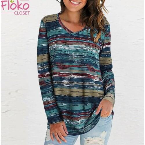 Flokocloset Casual Print V-Neck Long Sleeve T-shirt Fall Vintage Women Top Streetwear Tees