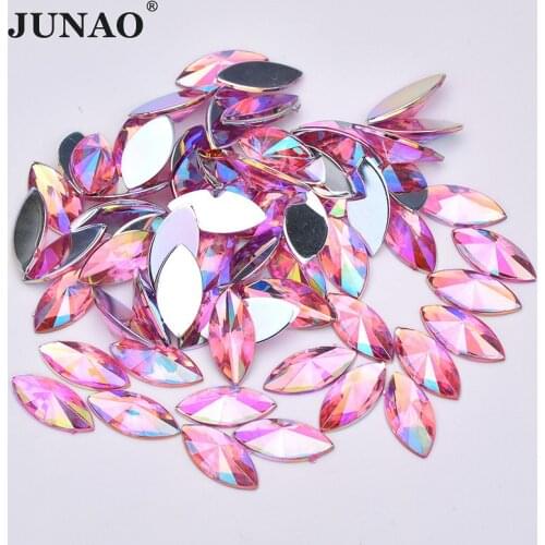 JUNAO 7x15mm Pink AB Flatback Crystal Rhinestones Horse Eye Acrylic Strass Applique Non Hot Fix Crystal Stones For Decoration
