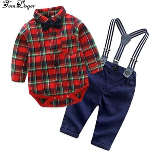 Tem Doger Christmas Baby Boys Clothing Sets Newborn Boy Clothes Long Sleeve Plaid Rompers+Suspender Trousers+Tie Bebes 3PCS Outf