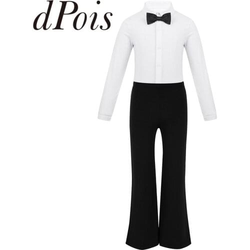 Kids Boys Latin Dance Costume Outfit Lapel Bowtie Ballroom Latin Dance Shirt Long Sleeves Leotard Bodysuit Top + Pants Trousers