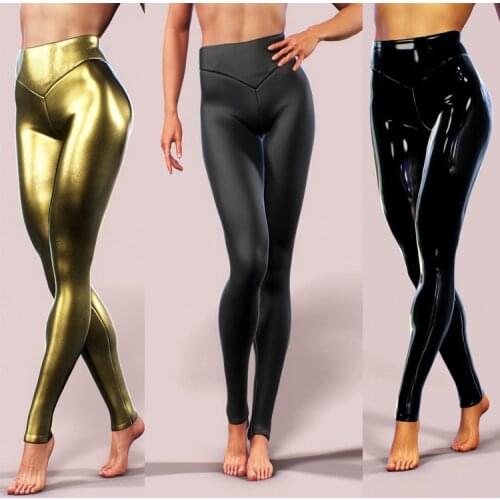 Women Running Tights Fashion Slim Fit Shiny PU Leather Leggings Sportswear Female Workout Fitness Clothes Front and Back V-waist