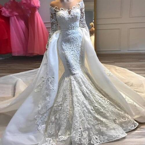 Appliques Mermaid Wedding Dresses 2021 Scoop Neck Long Sleeves Beaded Detachable Train Bridal Dress Vestido de Noiva