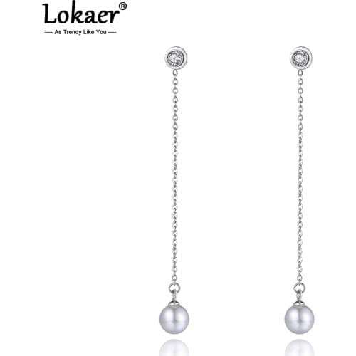 Lokaer Simple Rose Gold Color Simulated Pearl Section Tassel Drop Earrings Stainless Steel Long Line Dangle Earrings E19155