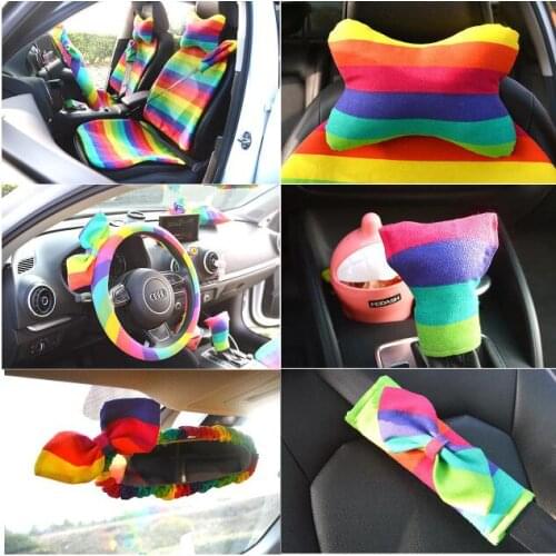 Rainbow Bowknot For Car interior car Steering Cover Rearview Mirror Cover Seat Belts Padding Car Headrest Handbrake Grips Girls