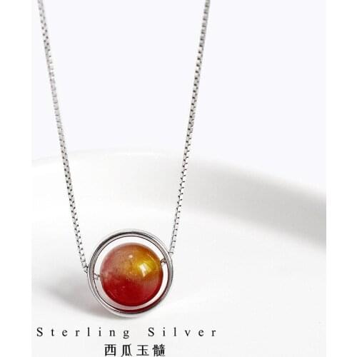 S925 Pure Silver Jewelry Tourmaline Necklace Red Simple Women Box Chain Power Necklaces Lace Geometric TRENDY Wedding