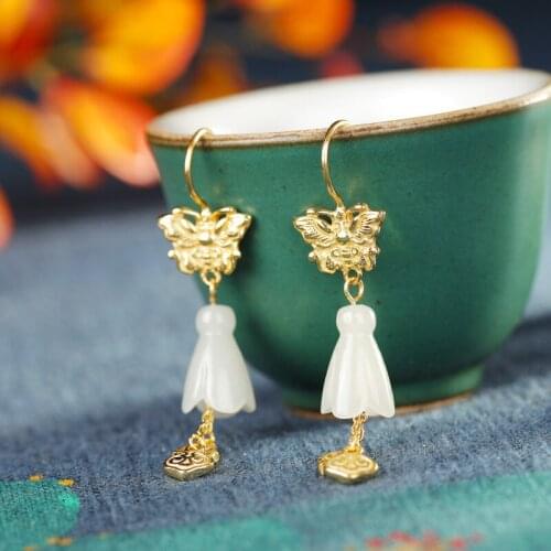 S925 sterling silver earrings gold-plated and Tianyu white jade inlaid peace buckle tassel female high-end earrings