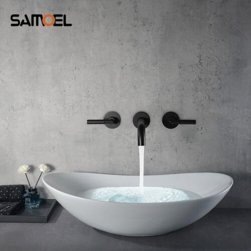 Black Brass Double Handle Wall Mounted Bathroom Sink Mixer Hot & Cold Basin Tap Black Concealed Bathroom Faucet B3444