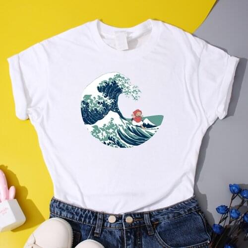 Ponyo And the Great Wave Off Kanagawa Tops Cotton Harajuku T-Shirts Casual Japan Anime Tee Shirt Funny Kawaii T Shirt Womens