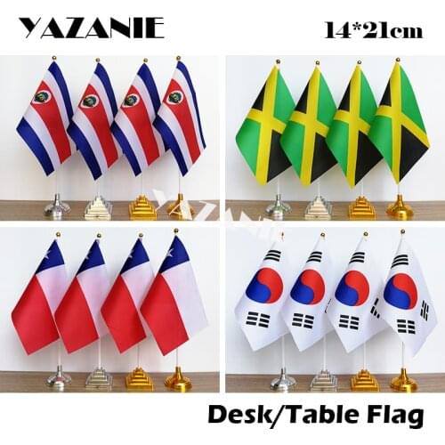 YAZANIE 14*21cm 4PCS Costa Rica Jamaica Chile South Korea Desk Flag Office Countries Polyester Table Flag with Flagpole Base
