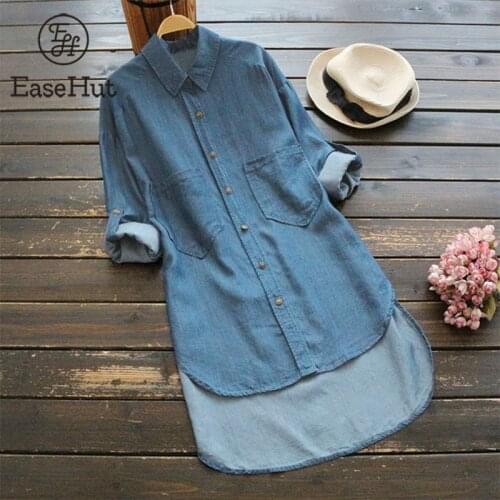 EaseHut S-5XL Plus Size Denim Women Casual Blouse and Shirts Turn Down Collar Rolled Long Sleeves Buttons Loose Tunic Tops Blusa