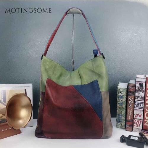 Vintage Style Genuine Leather Women Tote Bag Cowhide Handbag Patchwork Shopper Bag Fashion Bag Ladies Luxury Desgin Bag 2021 New