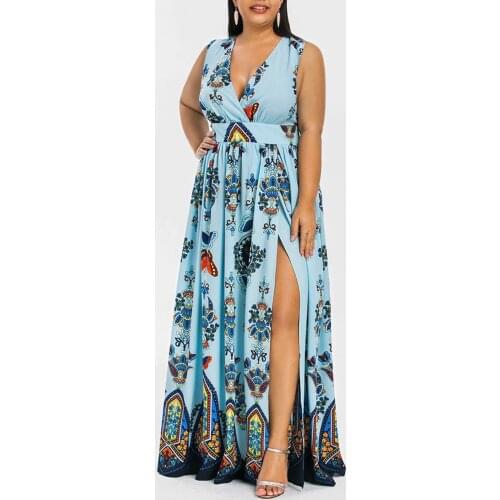 40# Plus Size Bohemian Maxi Dress Women Butterfly Printed V-neck Sleeveless Casual Long Dress Split Hight Waist Elegant Dress