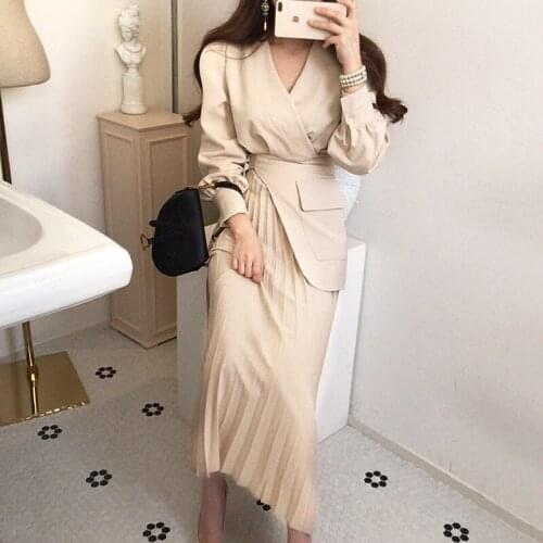 Temperament Korean Autumn Slim High Waist V Neck Long Sleeve Pleated Dress Women Patchwork Robe Fashion Vestido De Mujer