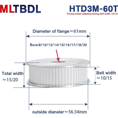 3M 60T Timing Pulley 8/10/12/14/15mm Bore Gear Pulley 3mm Pitch 11mm Belt Width Aluminum Alloy Synchronous Timing Belt Pulleys