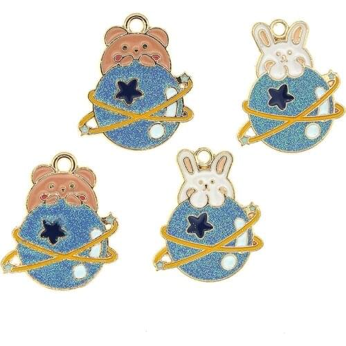10Pcs/Set Cartoon Metal Charms Enamel Planet Rabbit Bear Pendants Charm Fit Bracelet Earring DIY Jewelry Making Golden Bases
