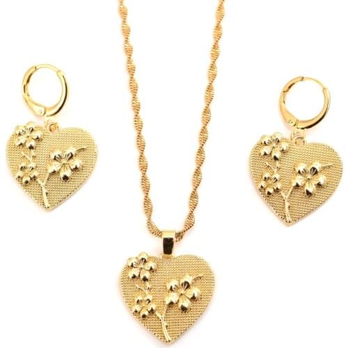 24 K Yellow Gold Filled LOVE Lovely Heart Necklace Pendant Earring set Women jewelry sets PNG Dubai best gift