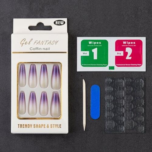 24pcs Paper Card Packing Includ Nail Toolkit Purple Gradient Glitter Press on Nails Full Cover Professional Nail Tips