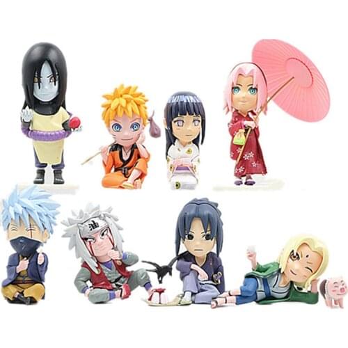 8pcs/Lot Shippuden Naruto Kimono Sasuke Sakura Orochimaru Jiraiya Hinata Tsunade Kakashi Q Ver PVC Action Figure Toy Doll