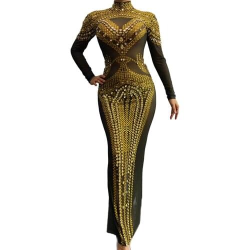 Shining Gold Rhinestone Long Women Split Dress Tight Stretch Asymmetrical Dress DJ Singer Dance Show Wear Nightclub Costumes