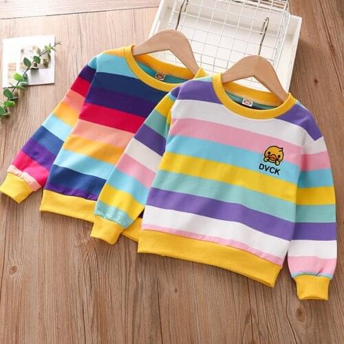 Children Girls Rainbow Sweatshirt Kids Toddler Striped Cartoon Duck Printed Autumn Top Clothes