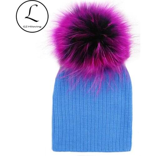 GZHILOVINGL Crochet Baby Hat Big Real Raccoon Fur Ball Baby Girl Cap Cotton Baby Boy Caps With Fur Pom Pom Winter Hat For Kids