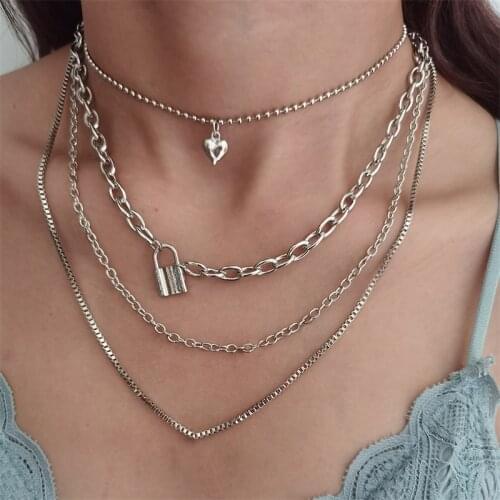 4 Pcs/Set Women Necklaces Set Bohemian Lock Heart Bead Clavicle Chain Geometric Silver Color Necklace Wedding Party Jewelry