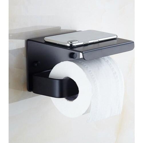 Space Aluminun Matt Black Toilet Paper Holder Phone Shelf Storage Rack Wall Mounted Bathroom Roll Paper Holder with phone Holder