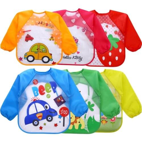Cute Baby Bibs Waterproof Full Sleeve Cartoon Animals Kid Apron Smock Bib Burp Eat Toddler Feeding Bibs Baberos Bavoir Clothing