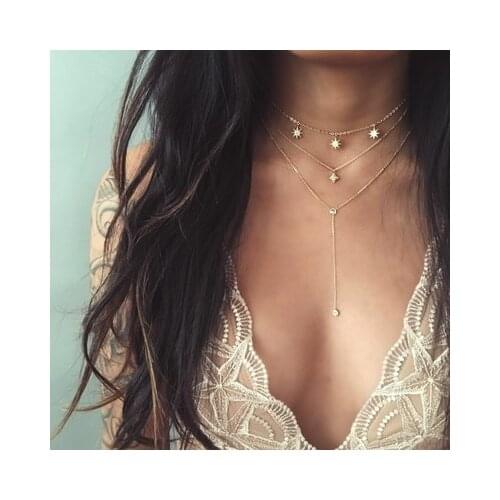 Fashion Multilayer Star Pendant Necklace Womens Gold Color Beads Moon Horn Crescent Double Chain Necklace Jewelry Party Gift