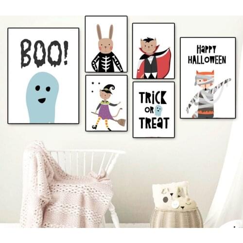 Cartoon Rabbit Cat Fox Halloween Quotes Nordic Posters And Prints Wall Art Canvas Painting Nursery Wall Pictures Kids Room Decor
