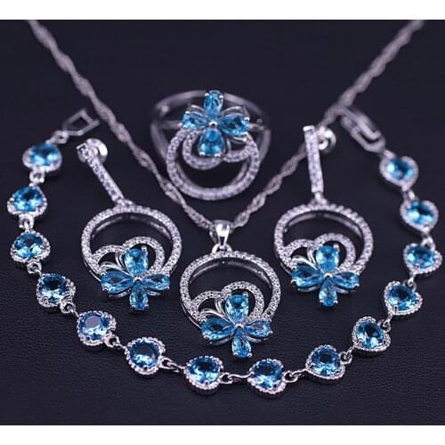Sky Blue Zircon 925 Staerling Silver Costume Jewelry For Women Stud Earrings Necklace Ring Set With Bracelet In Store
