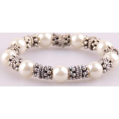 New Arrival Free Shipping beige Pearl and metal mesh beads bracelet ladies alloy stretch bracelets