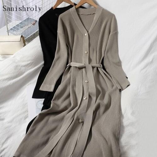 Sanishroly Autumn Women Single-Breasted Sweater Dress V-Neck Sashes Knitted Dresses Ladies Long Sleeve Long Dress Vestidos S1089