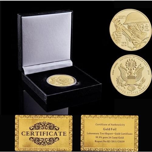 1918-2018 WWI Liberty In God We Trust Metal Gold Plated Commemorative Token US Challenge Army Coin W/ Box Display