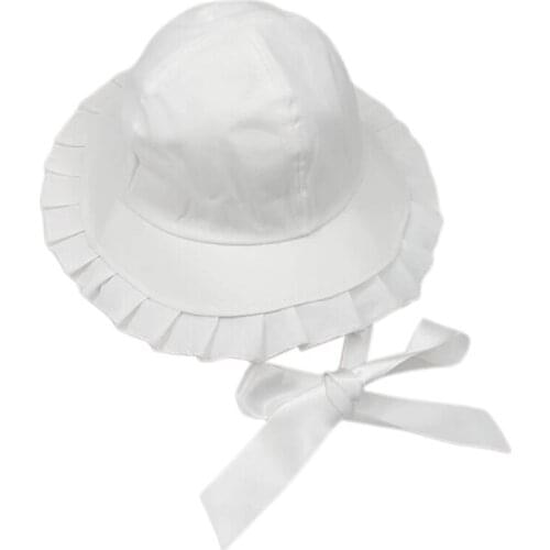 Women Girls Sweet Ruffles Wide Brim Bucket Hat with Satin Long Ribbon Japanese Lolita Bowknot Sunscreen Fisherman Cap