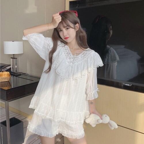 Two Pieces Ruffles Pajama Sets Women Loungewear Loose Summer Cotton Sleepwear Brides Wedding White French Princess Top + Shorts