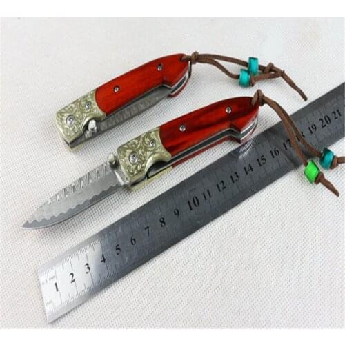 Damascus Red Tank Chariot Carved Pure Copper+Natural Sandalwood High Hardness Handle Outdoor Survivcal Hunting Camping EDC Tool