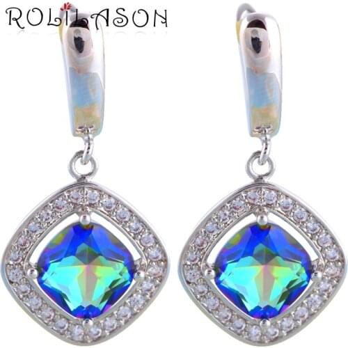 ROLILASON Top Sale Multicolor Zirconia silver color Stamped Dangle Earrings Wedding Fashion Jewelry for Ladies JE1121