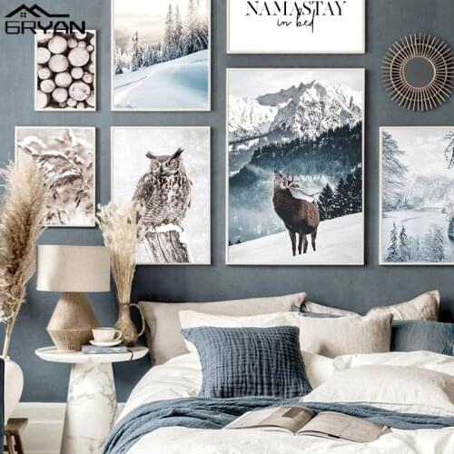 Snowy Reed Owl Mountain Lake Poster Winter Deer Canvas Painting Prints Pile of Wood Wall Picture Landscape Art Home Decor
