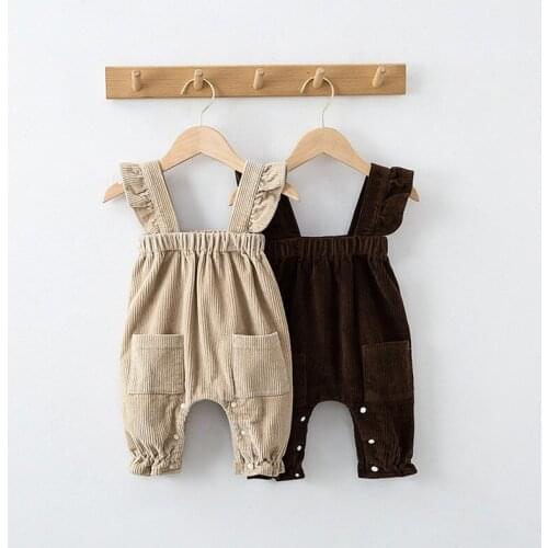 Vintage Ruffles Lace Sleeveless Girls Romper Spring Fall Solid Color Corduroy Little Girls Jumosuit Warm Children Overalls Child